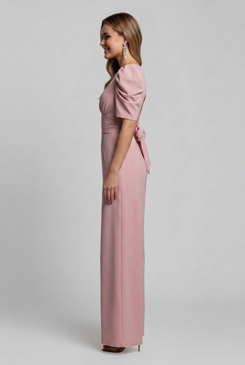 Wide Leg Jumpsuit with V Neckline and Puff Sleeves