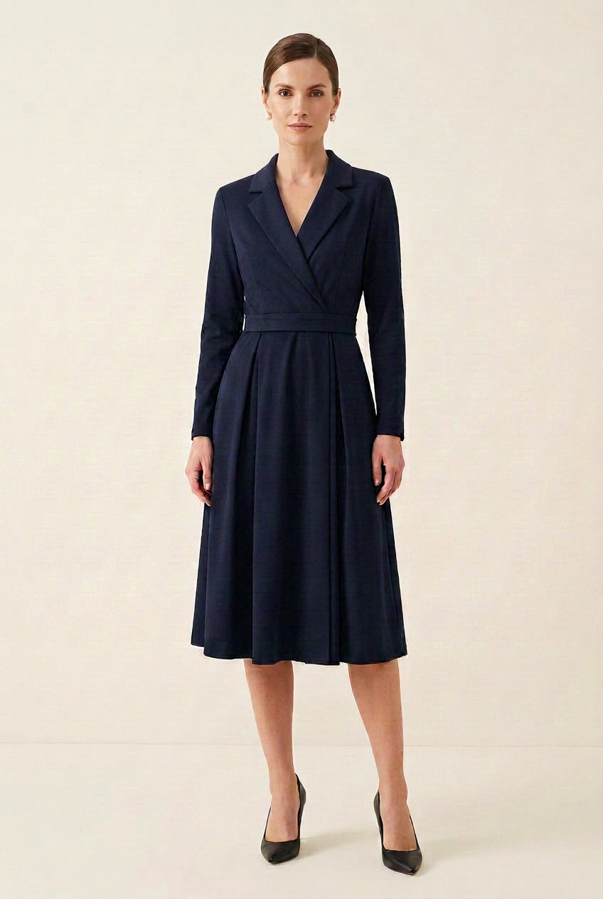 Long Sleeve Midi Dress with Lapel and Pockets