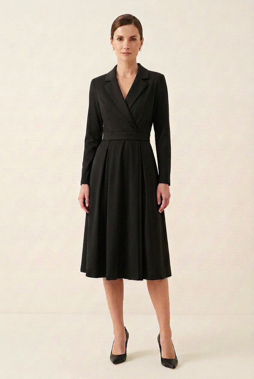 Long Sleeve Midi Dress with Lapel and Pockets