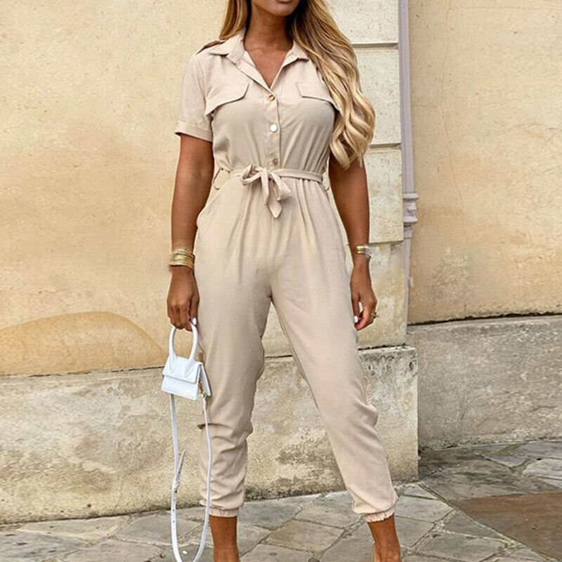 Women's Belted Short Sleeve Button-Down Jumpsuit