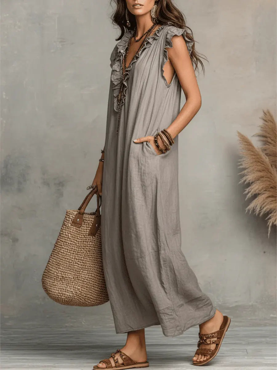 Ruffle V Neck Short Sleeve Maxi Dress With Pockets