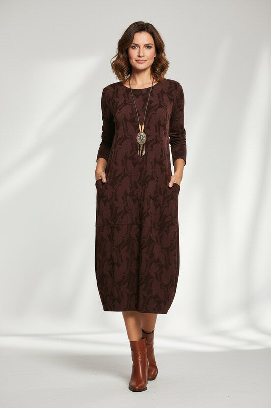 Long Sleeve Winter Dress with Round Neckline and Floral Detail