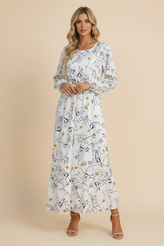 Summer Dress with Gathered Waist and Floral Design