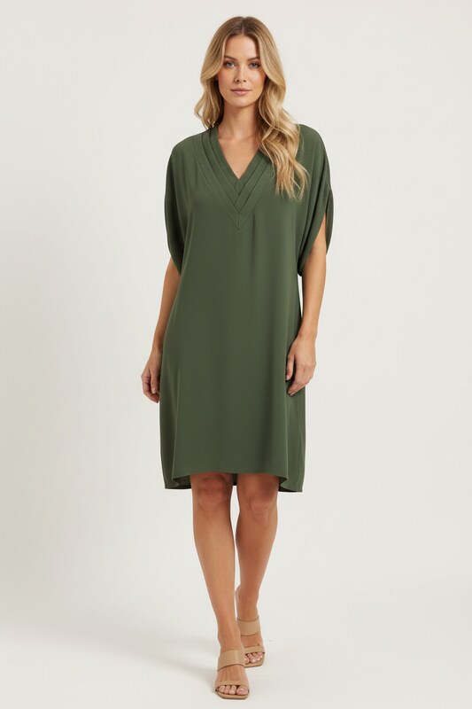 V Neck Dress with Draped Silhouette and Sleeve Cut Outs