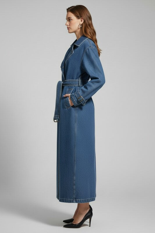 Long Womens Trench Coat with Belted Waist and Textured Surface