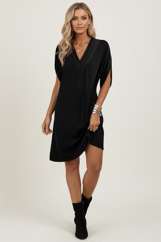 V Neck Dress with Draped Silhouette and Sleeve Cut Outs