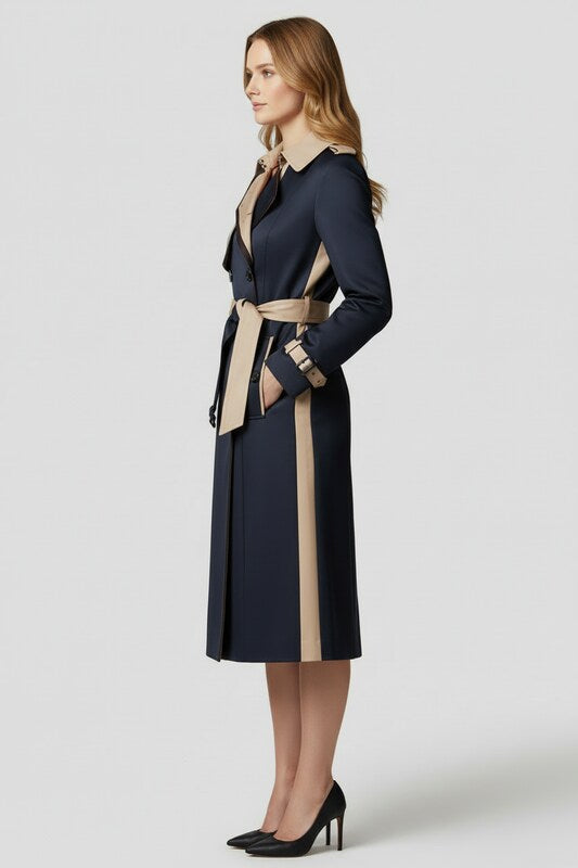 Double Button Womens Trench Coat with Waist Belt Fit