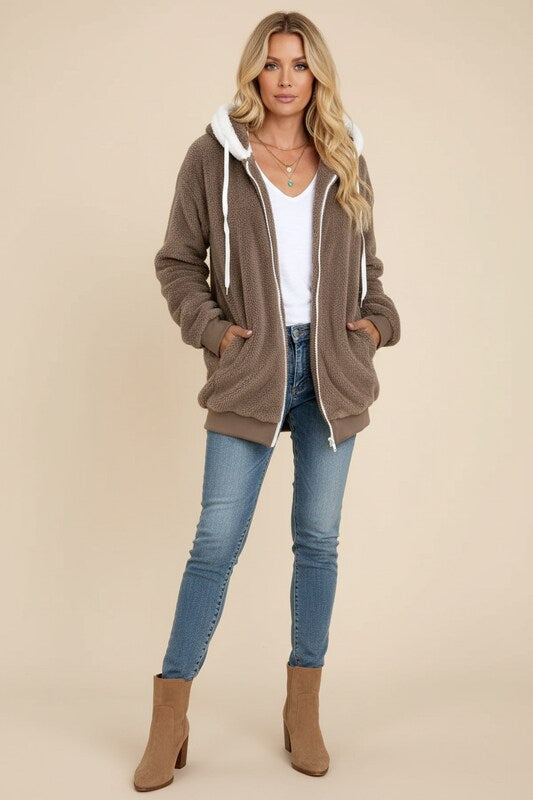 Zip Up Sherpa Hoodie with Relaxed Fit