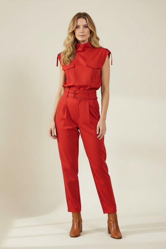 Sleeveless High Neck Jumpsuit with Belted Waist and Tapered Legs