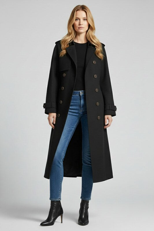 Long Womens Trench Coat with Belted Closure and Structured Fit