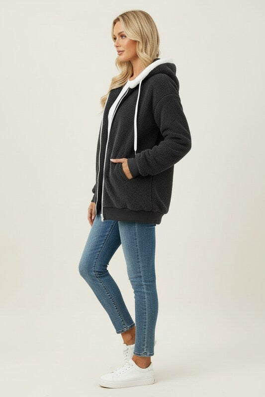 Zip Up Sherpa Hoodie with Relaxed Fit