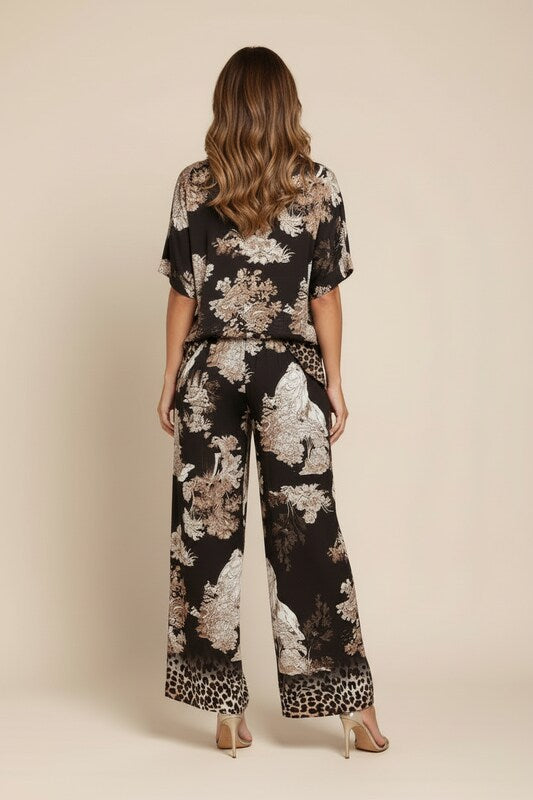 Printed V Neck Top and Flowing Pants Set with Relaxed Silhouette