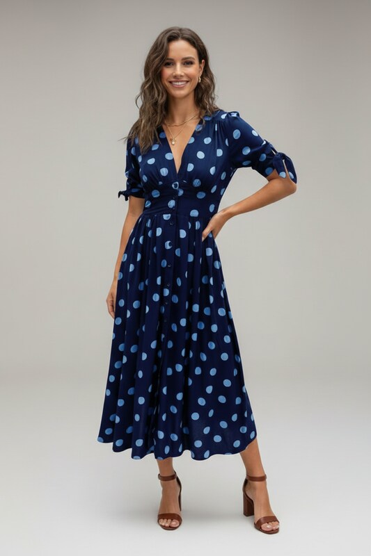 Printed Midi Dress with V Neckline and Button Front