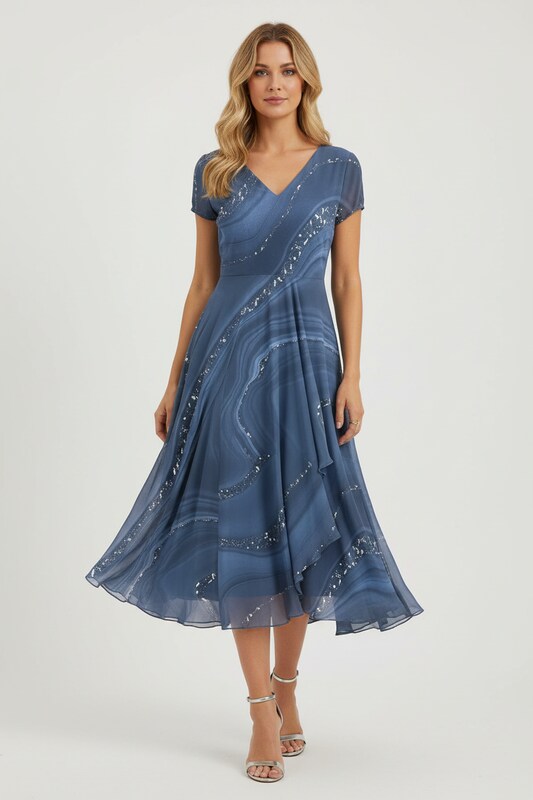 V Neck Midi Dress with Patchwork Detail