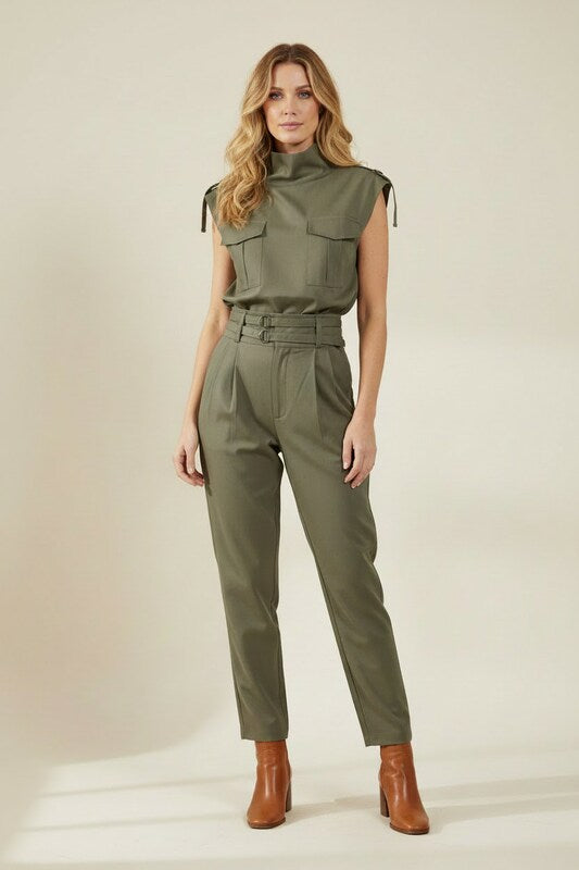 Sleeveless High Neck Jumpsuit with Belted Waist and Tapered Legs