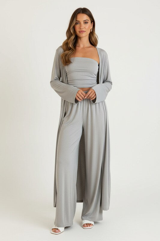 Three Piece Set with Fitted Top Pants and Kimono