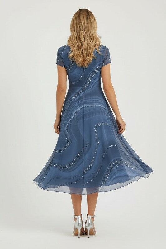 V Neck Midi Dress with Patchwork Detail