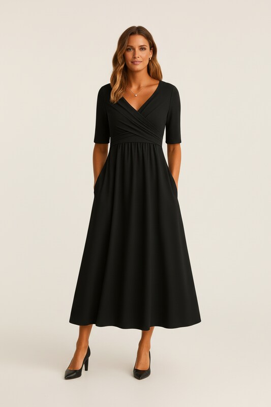A Line Dress with V Neckline and Draped Silhouette