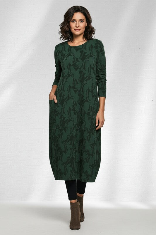 Long Sleeve Winter Dress with Round Neckline and Floral Detail