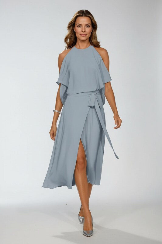 Cold Shoulder Halter Midi Dress with Asymmetric Hem