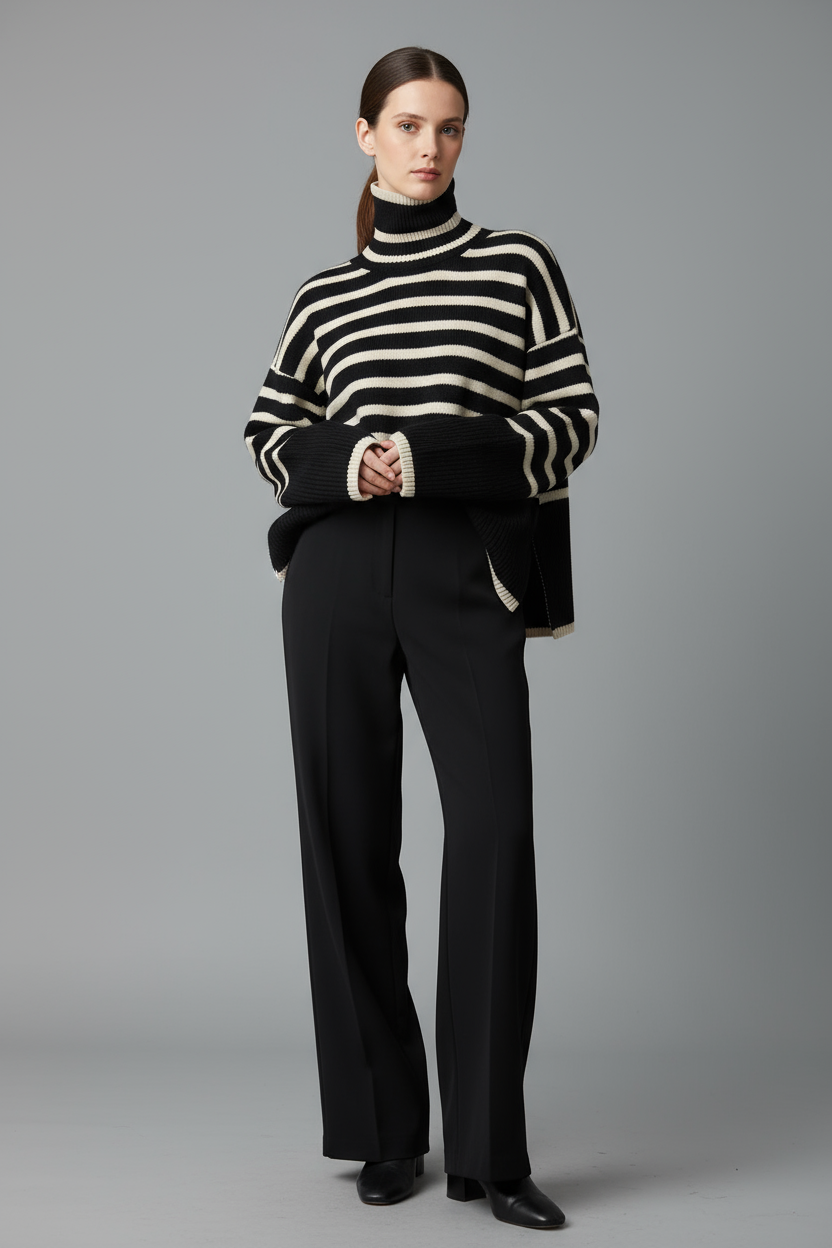 Striped Turtleneck Sweater Women Relaxed Fit Soft Knit