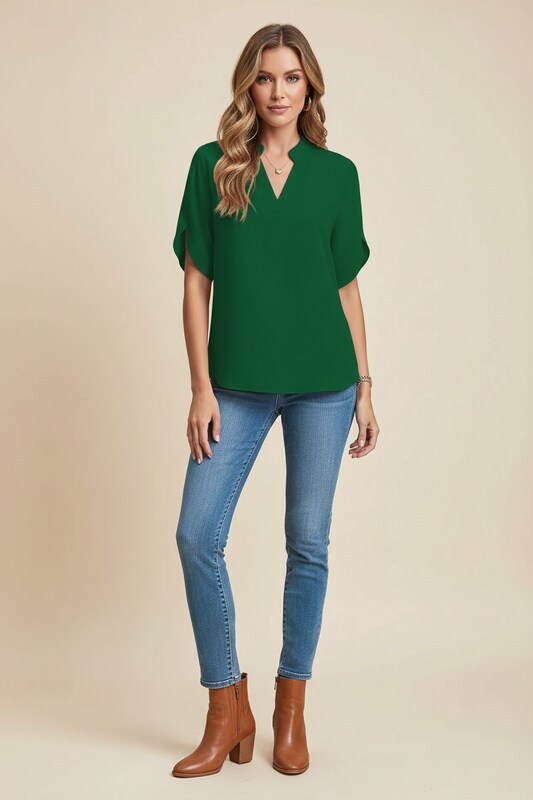 V Neck Blouse with Cap Sleeves and Flowy Fit