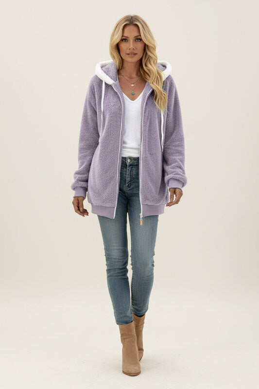 Zip Up Sherpa Hoodie with Relaxed Fit