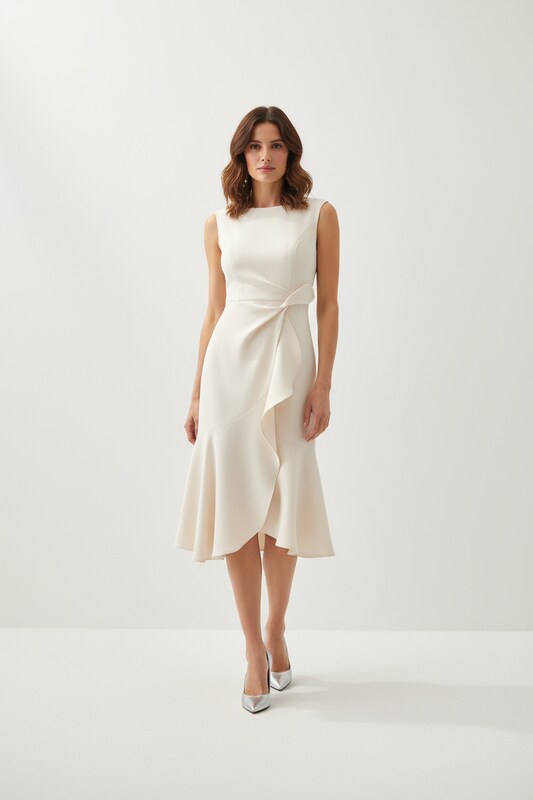 Asymmetric Draped Midi Dress with Sleeveless Cut