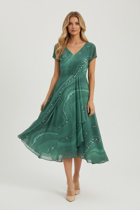 V Neck Midi Dress with Patchwork Detail