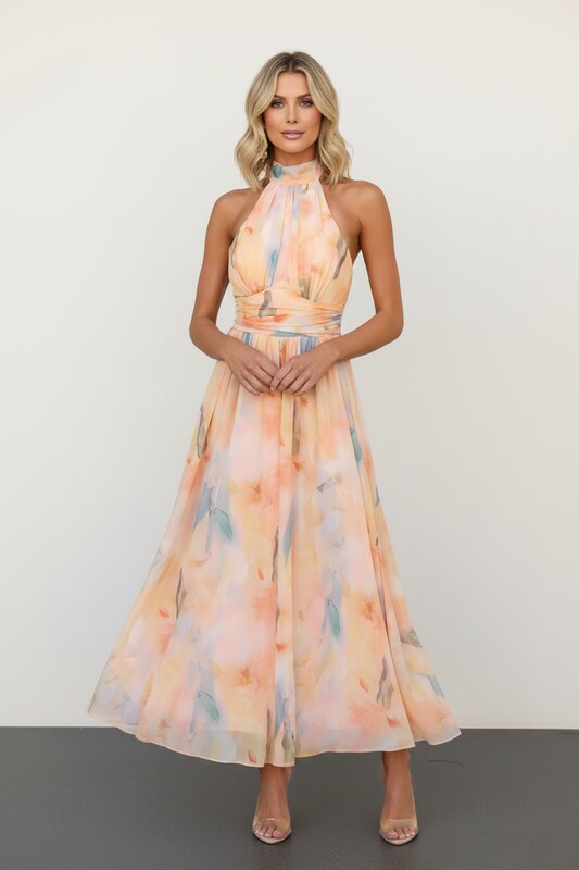Halter Neck Maxi Dress with Open Back and Artistic Print