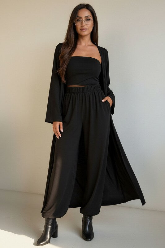 Three Piece Set with Fitted Top Pants and Kimono