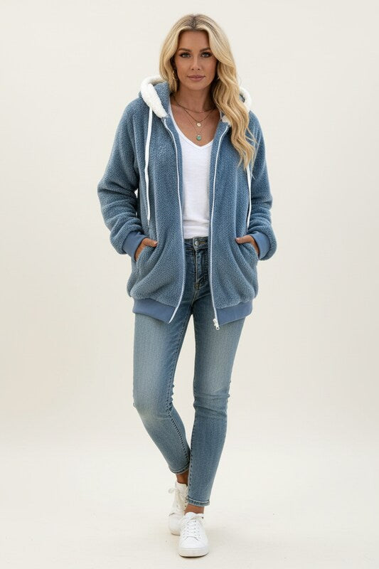 Zip Up Sherpa Hoodie with Relaxed Fit