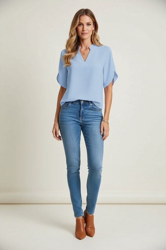 V Neck Blouse with Cap Sleeves and Flowy Fit