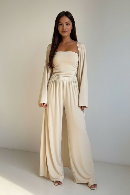 Three Piece Set with Fitted Top Pants and Kimono