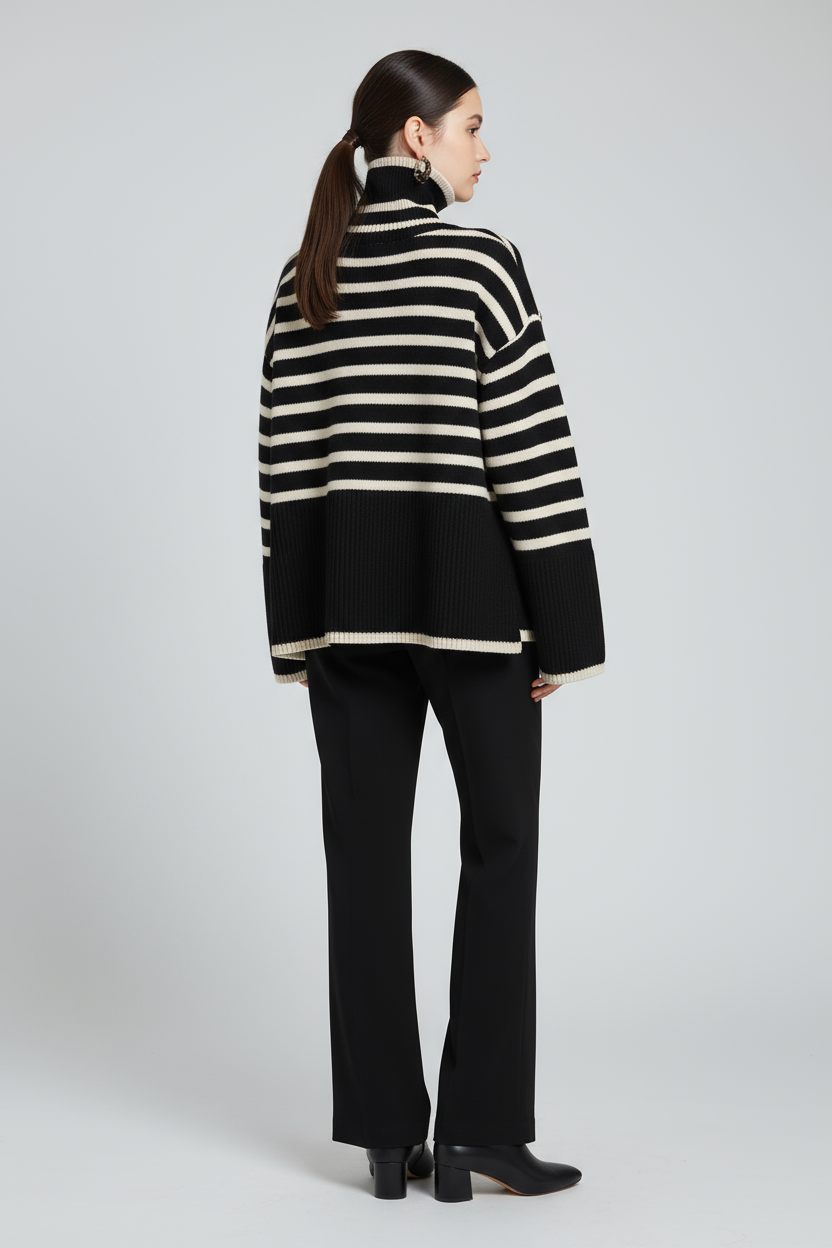 Striped Turtleneck Sweater Women Relaxed Fit Soft Knit