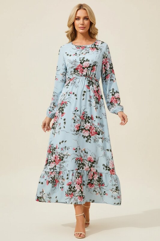 Summer Dress with Gathered Waist and Floral Design