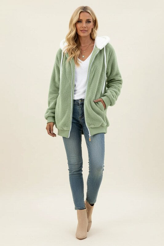 Zip Up Sherpa Hoodie with Relaxed Fit
