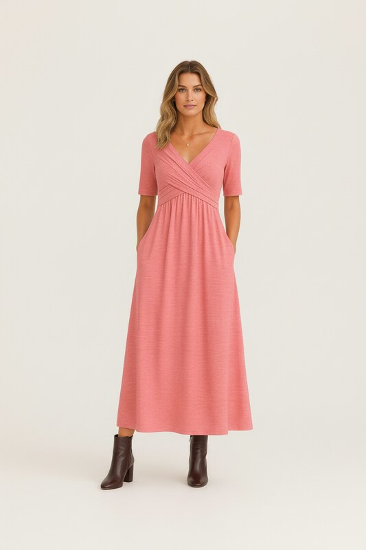 A Line Dress with V Neckline and Draped Silhouette