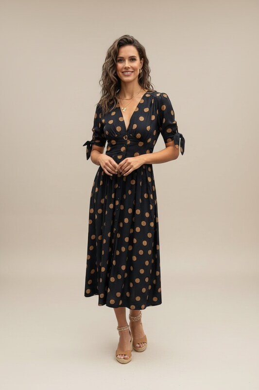 Printed Midi Dress with V Neckline and Button Front