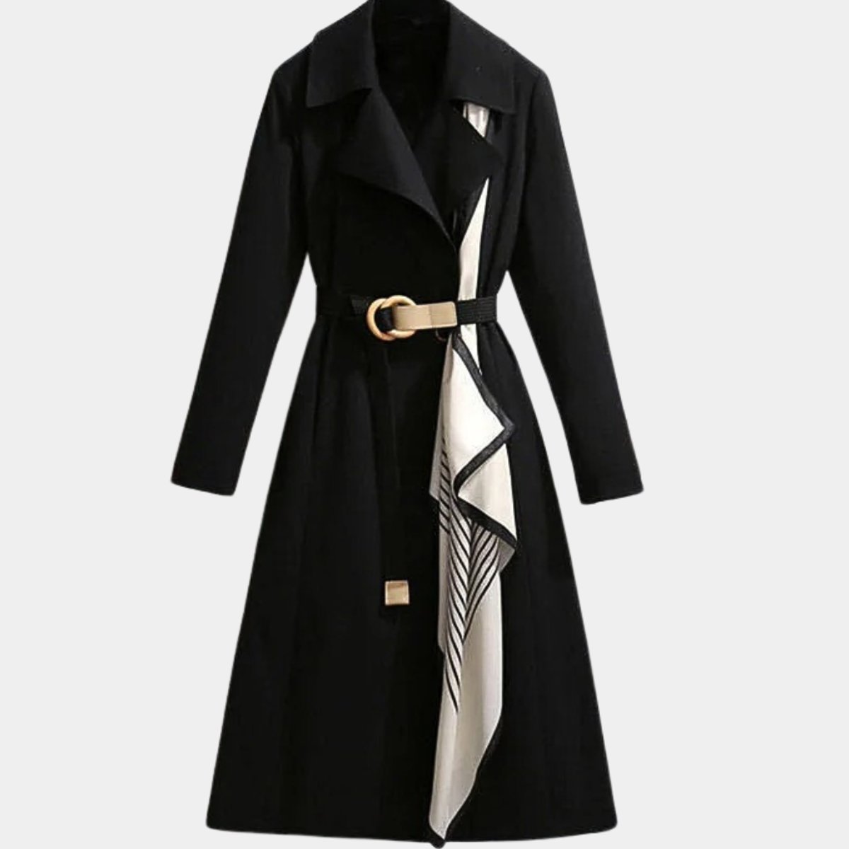 Women's Belted Midi Trench Coat with Contrast Scarf Detail
