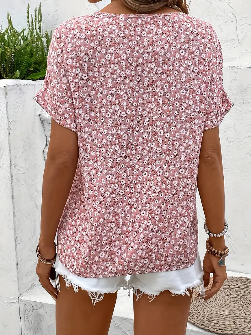 Floral Button Front V Neck Batwing Sleeve Blouse