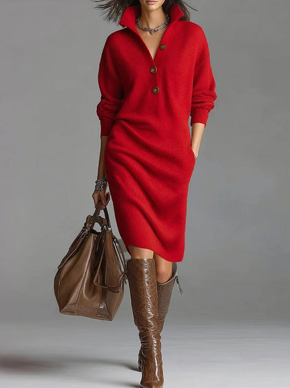 Ribbed Polo Neck Button Midi Dress