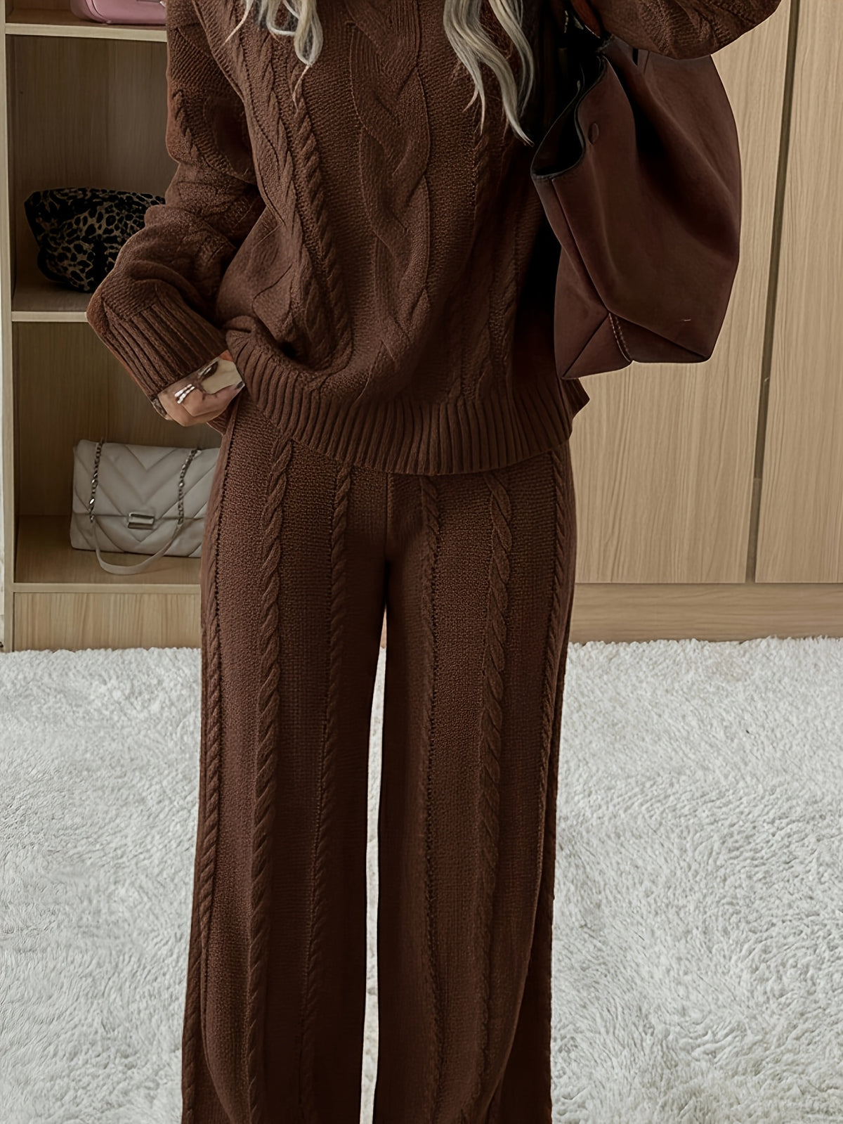 Women's Fluffy Knit Jumper and Wide-Leg Trousers Set