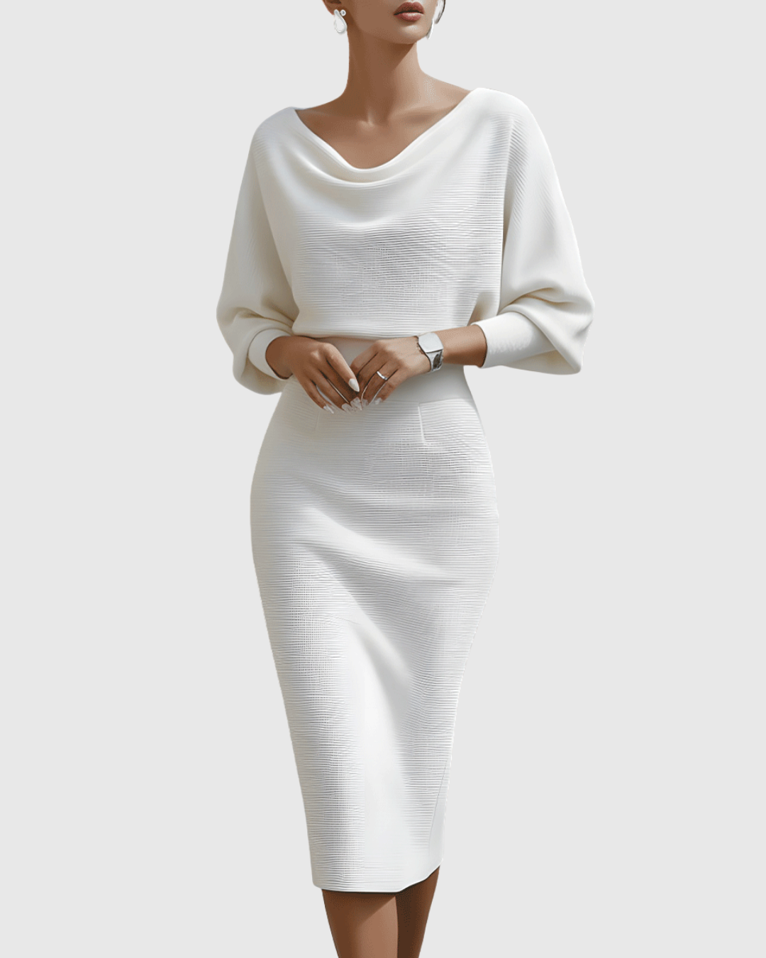 Draped Batwing Midi Dress With Cowl Neckline