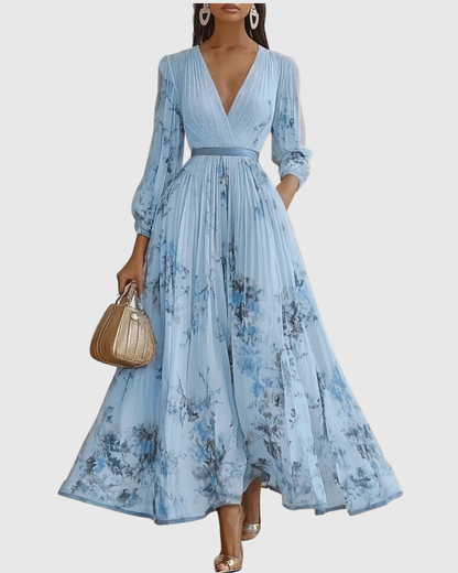 V Neck Pleated Maxi Dress With Ribbon Tie Waist