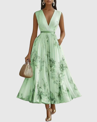 V Neck Pleated Maxi Dress With Ribbon Tie Waist