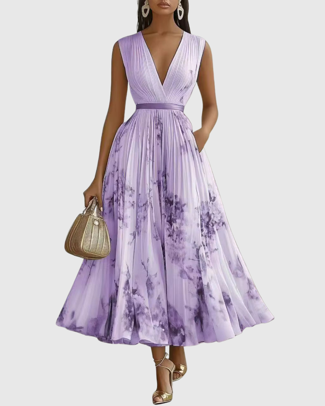 V Neck Pleated Maxi Dress With Ribbon Tie Waist