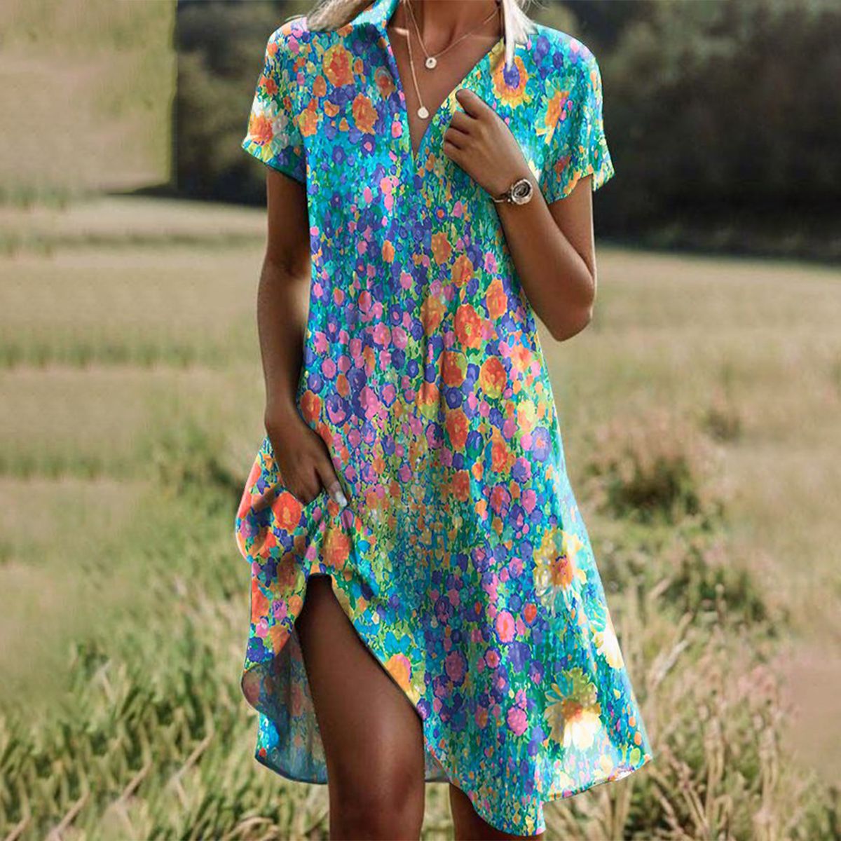 V Neck A-Line Short Sleeve Midi Dress