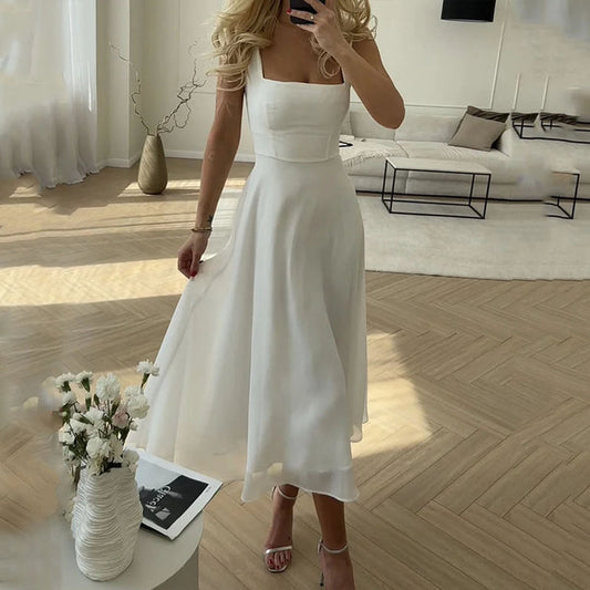 Square Neck Midi Dress for Wedding Guests