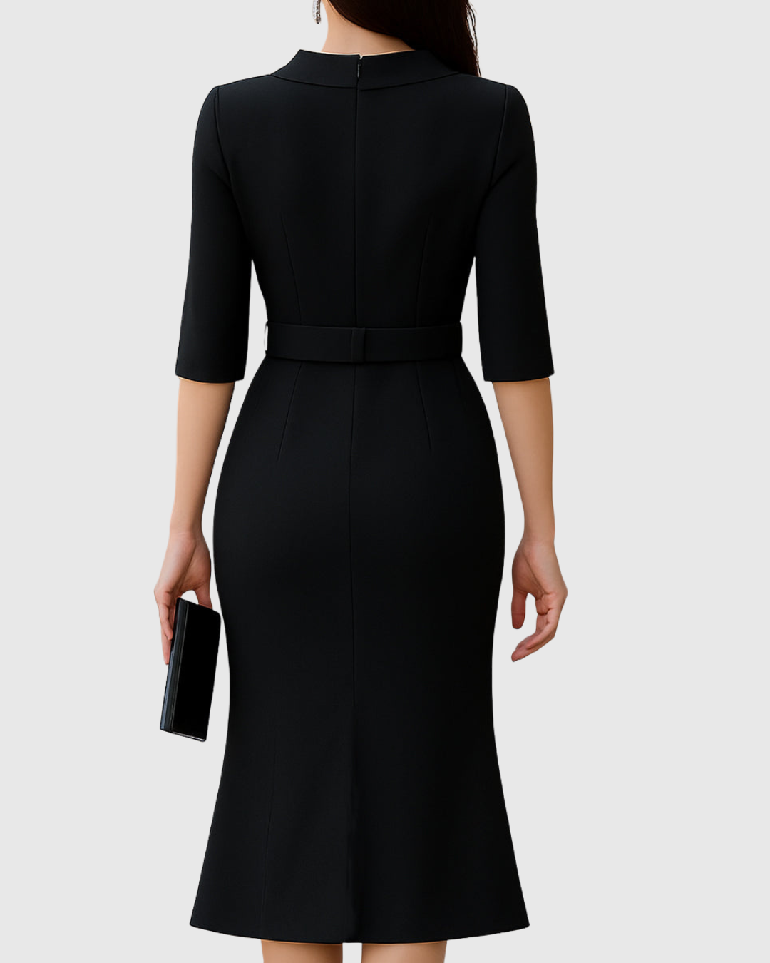 Belted Midi Dress With High Neckline
